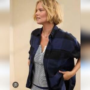 Aerie Anytime Fave Button Down Flannel Shirt Lumber Jane Black Blue